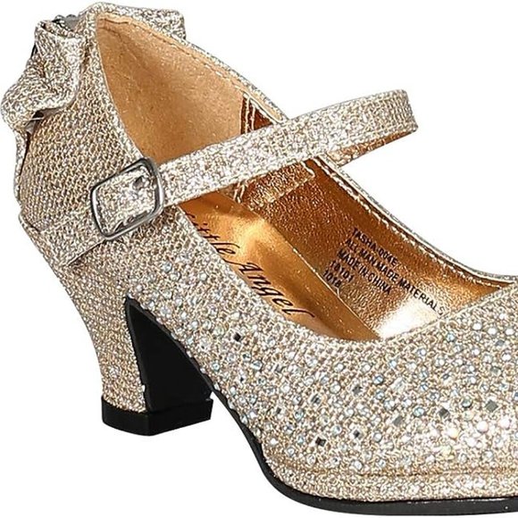 Toddler/Little/Big Girl Glitter Rhinestone Bow Mary Jane Kitten Heel Pump -RGold - Picture 6 of 6